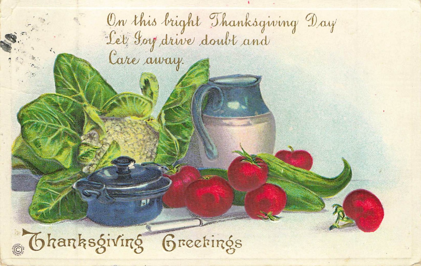 On This Bright Thanksgiving Day Greetings Vegetables Jar Embossed Postcard