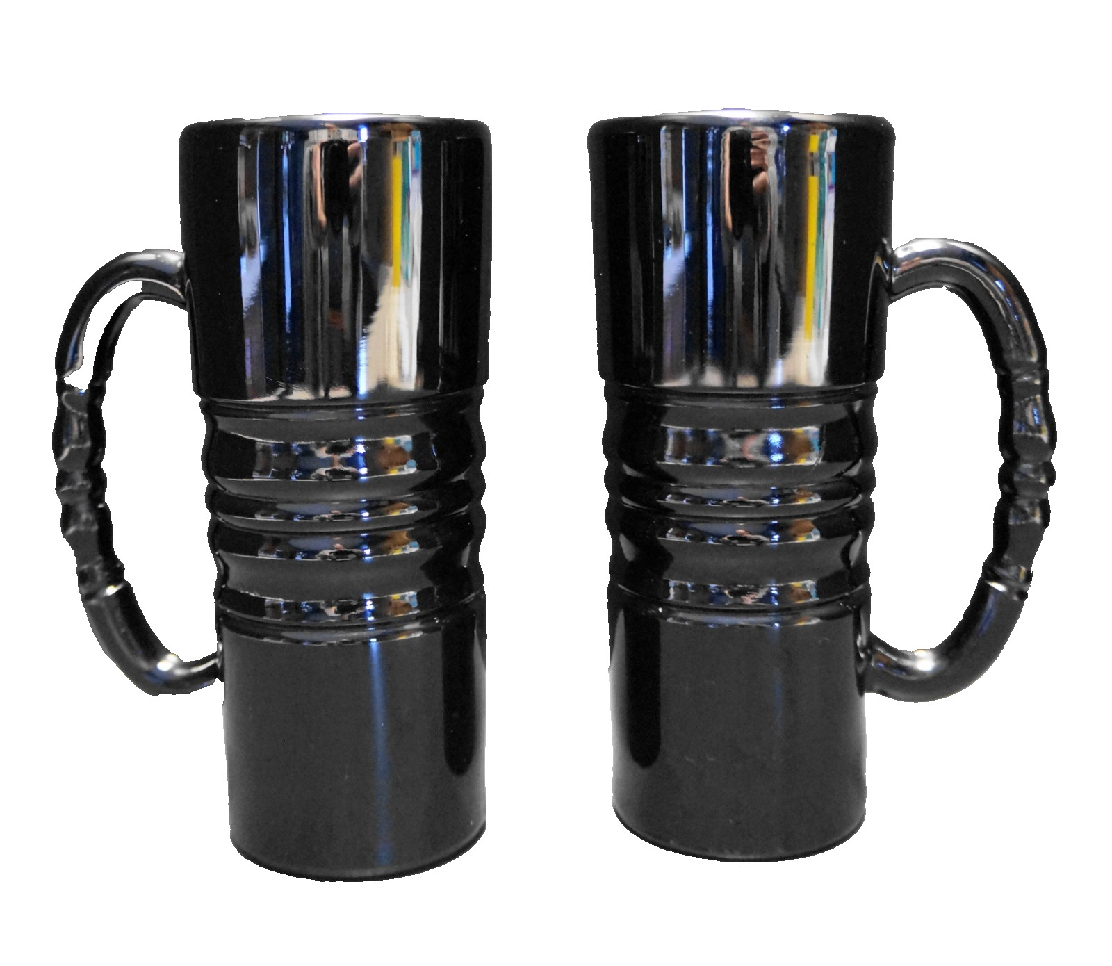 Tiara Exclusives Black Glass Ribbed Tall Mugs Steins Pair Indiana Glass