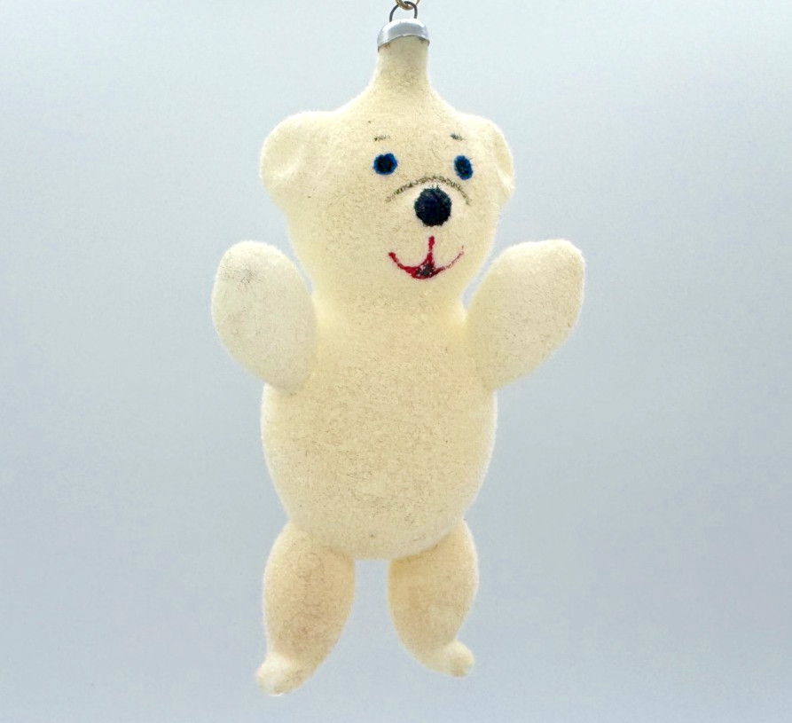 Vintage De Carlini Teddy Bear Flocked Hand Blown Glass Christmas Ornament Italy
