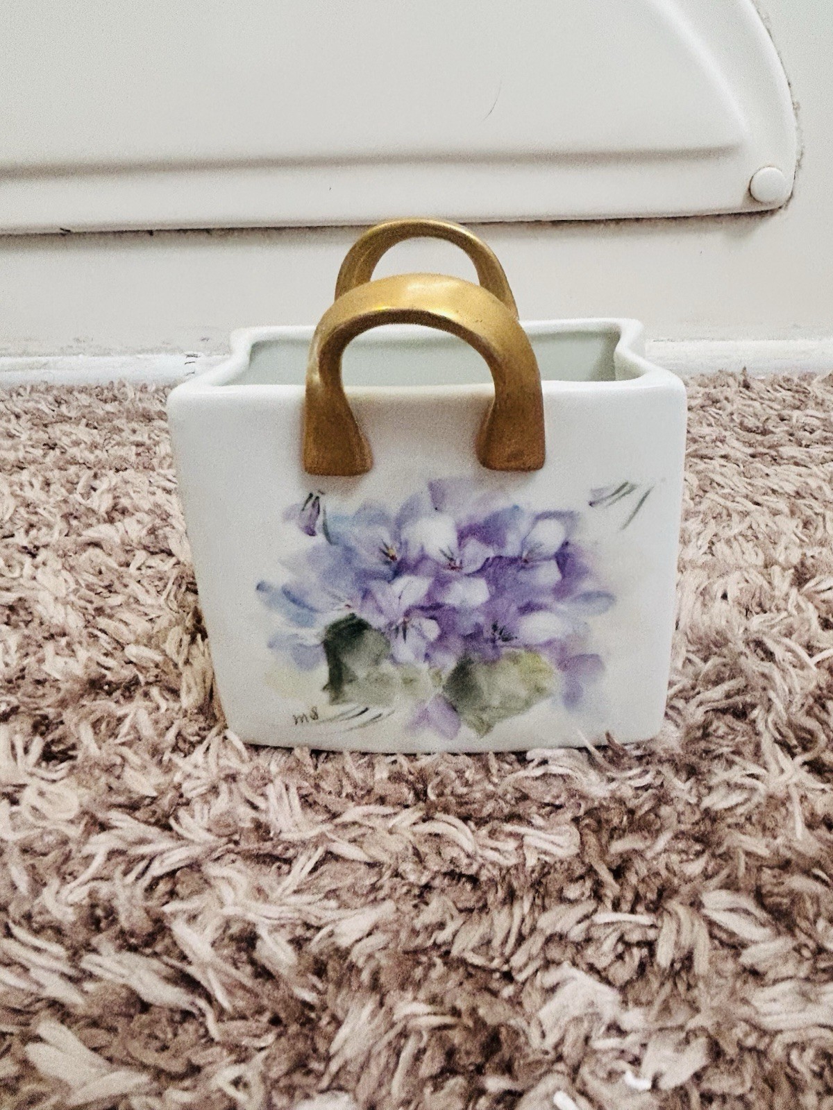 Vtg Miniature Ceramic Shopping Bag Gilded Handle Purse Floral Country Signed MS