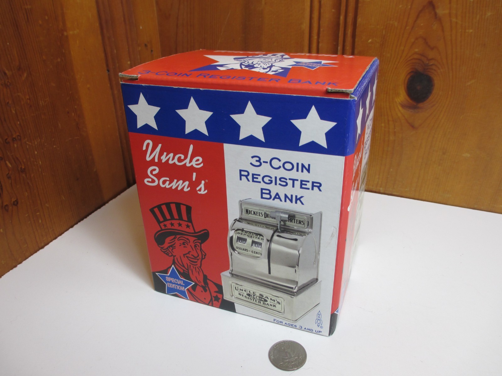 Uncle Sam’s 3 Coin Register Bank Silver Palm Restaurant Nickel Dime Quarter NEW