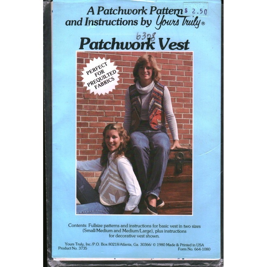 Vintage 1980 Yours Truly Patchwork Vest Sewing Pattern 3735 Small Medium Large