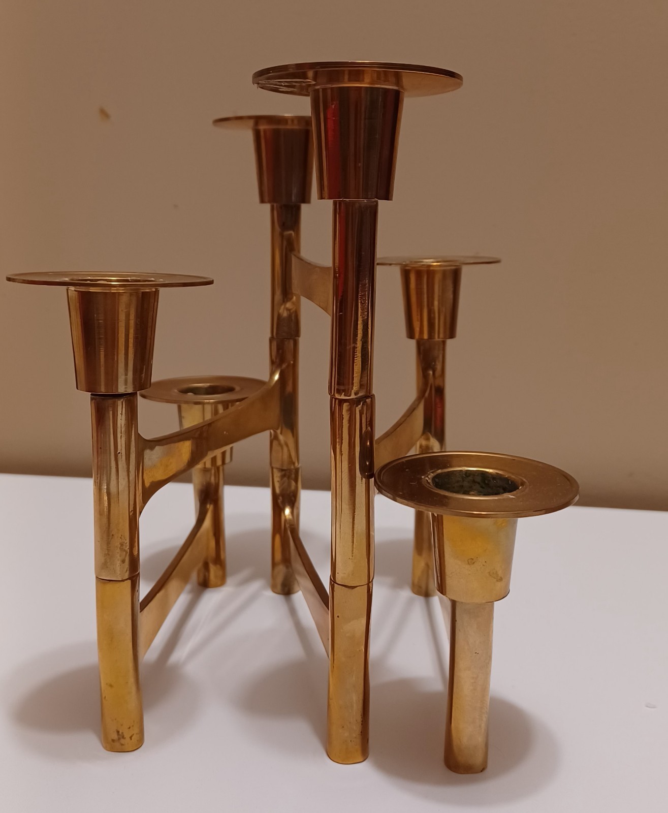 Mid Century Modern Danish Style Solid Brass Articulated Folding 6 Candleholders