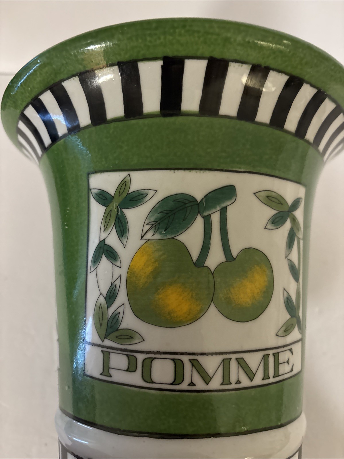 Vtg Ceramic Planter POMME French For Apple 8×8.25” Striped Black White Green