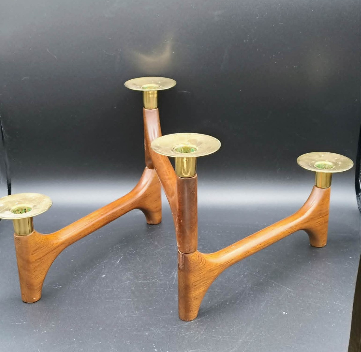 Articulating Danish Teak & Brass 4 Candle holder MCM Modern