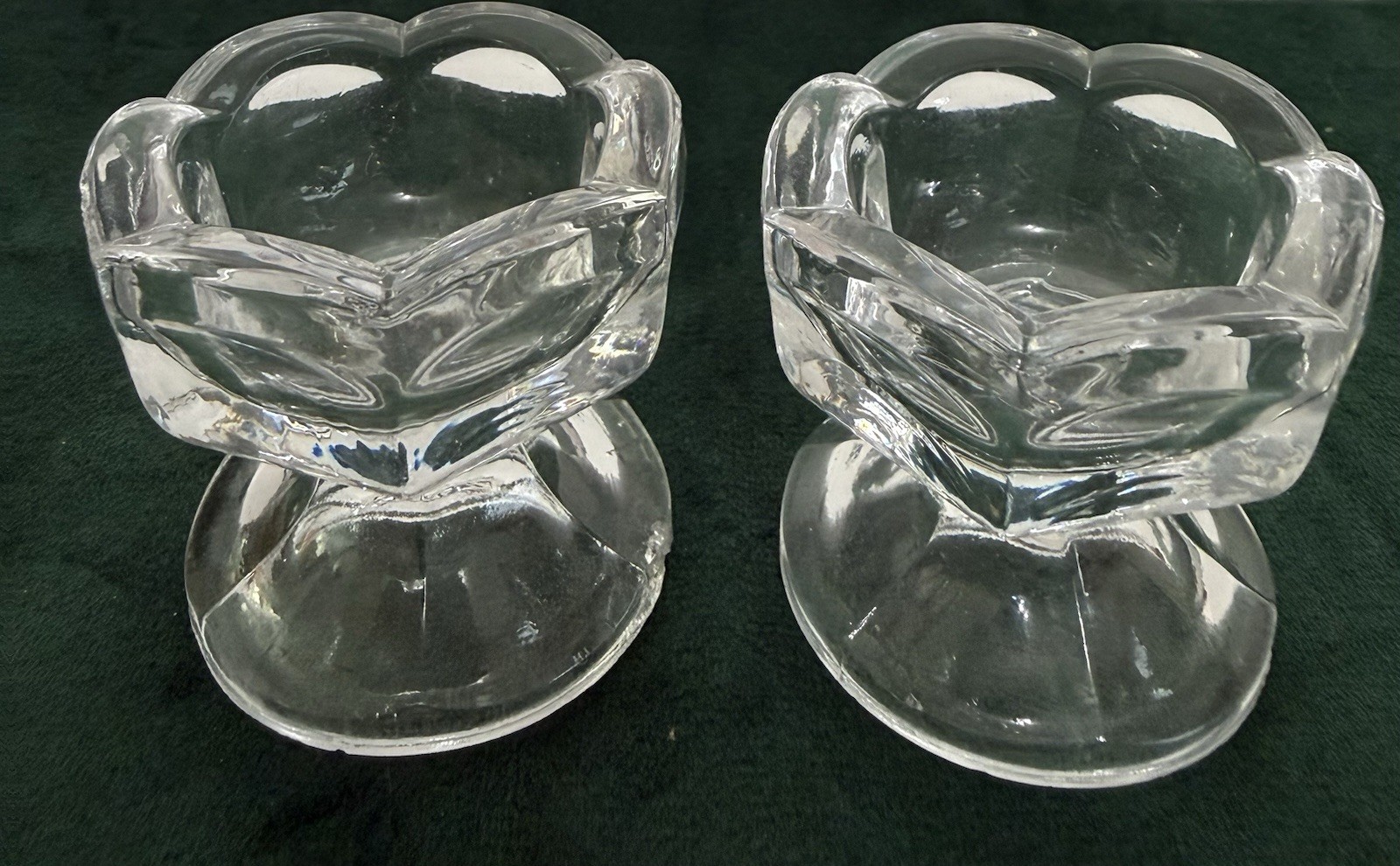 Pair of Vtg. Colonial Pedestal Open Salt Cellars Dips w/ Scalloped Edge