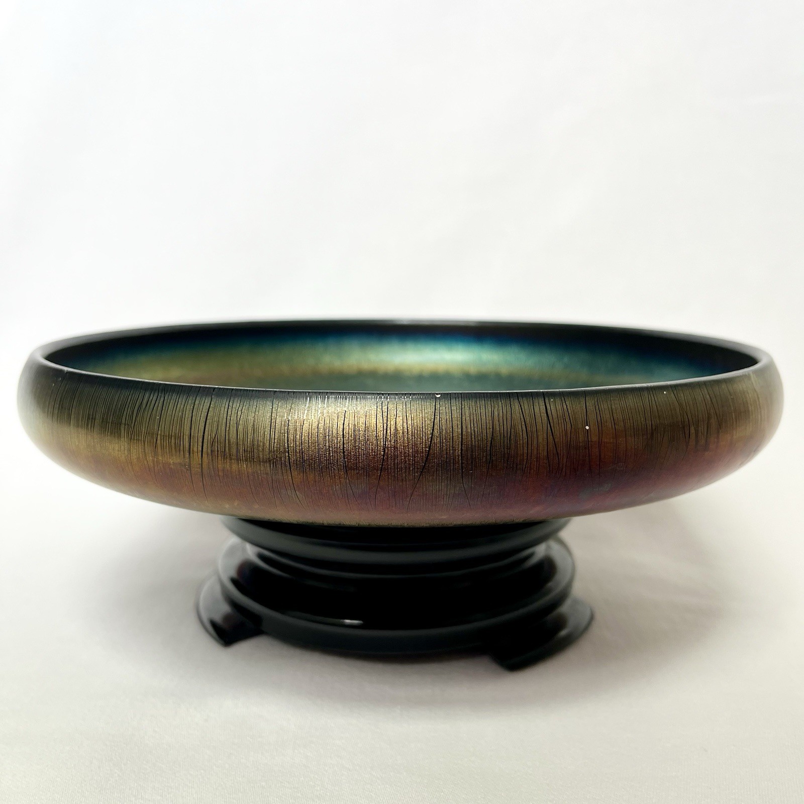 Dugan Diamond Black Amethyst Egyptian Lustre 9 1/4″ Stretch Glass Bowl W/Stand