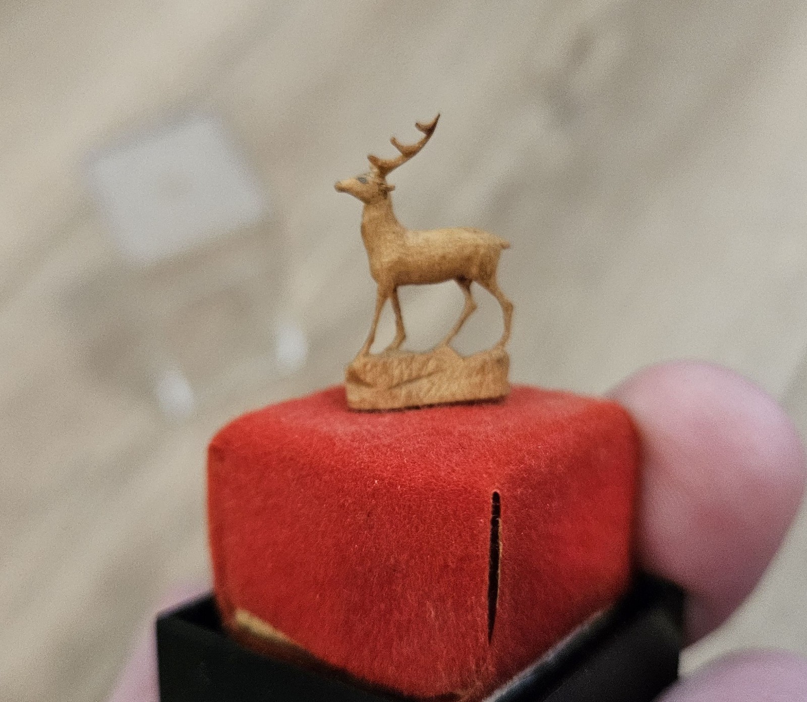 Extremely Small (less than 1″) Hand Carved Wooden Deer Buck in Case – DAMAGED