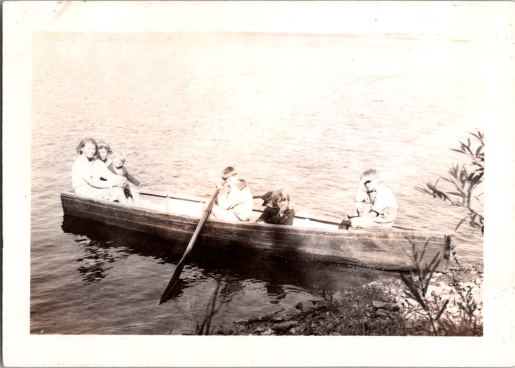 1937 Vintage Snapshot Photo Kids Children People in Canoe Boat Paddling Lake