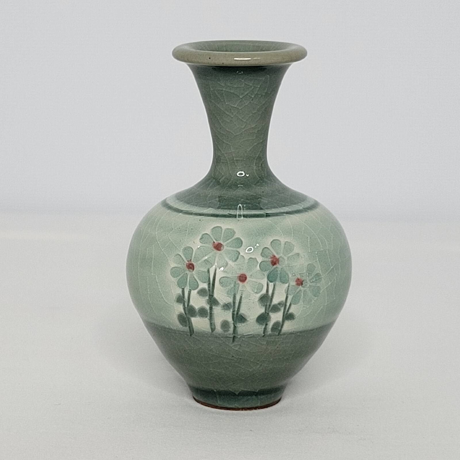 Celadon Mini Vase Crazed Glazed Green Tones Floral Ceramic 4″ x 2.5″