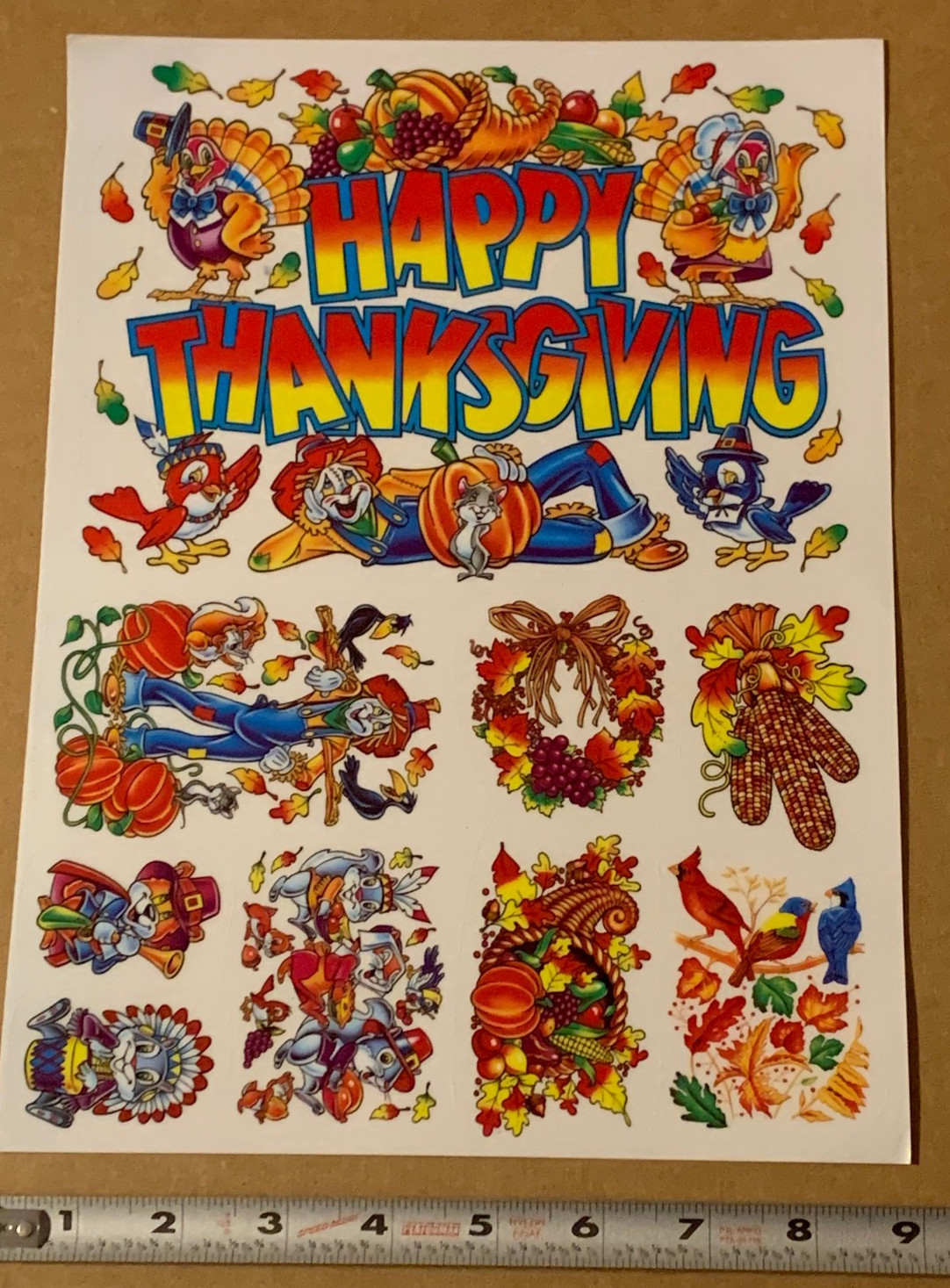 Vintage Thanksgiving Clings Scarecrow, Turkeys, Corn & Fall