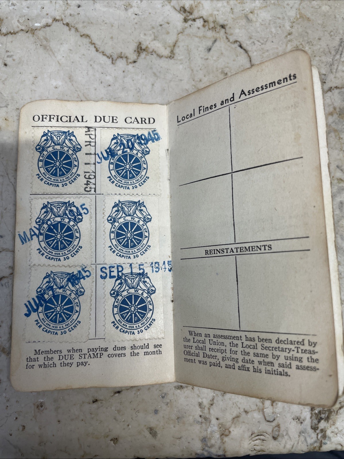International Brotherhood Teamsters DUE CARD BOOK 24 PAID STAMPS RARE Book #29