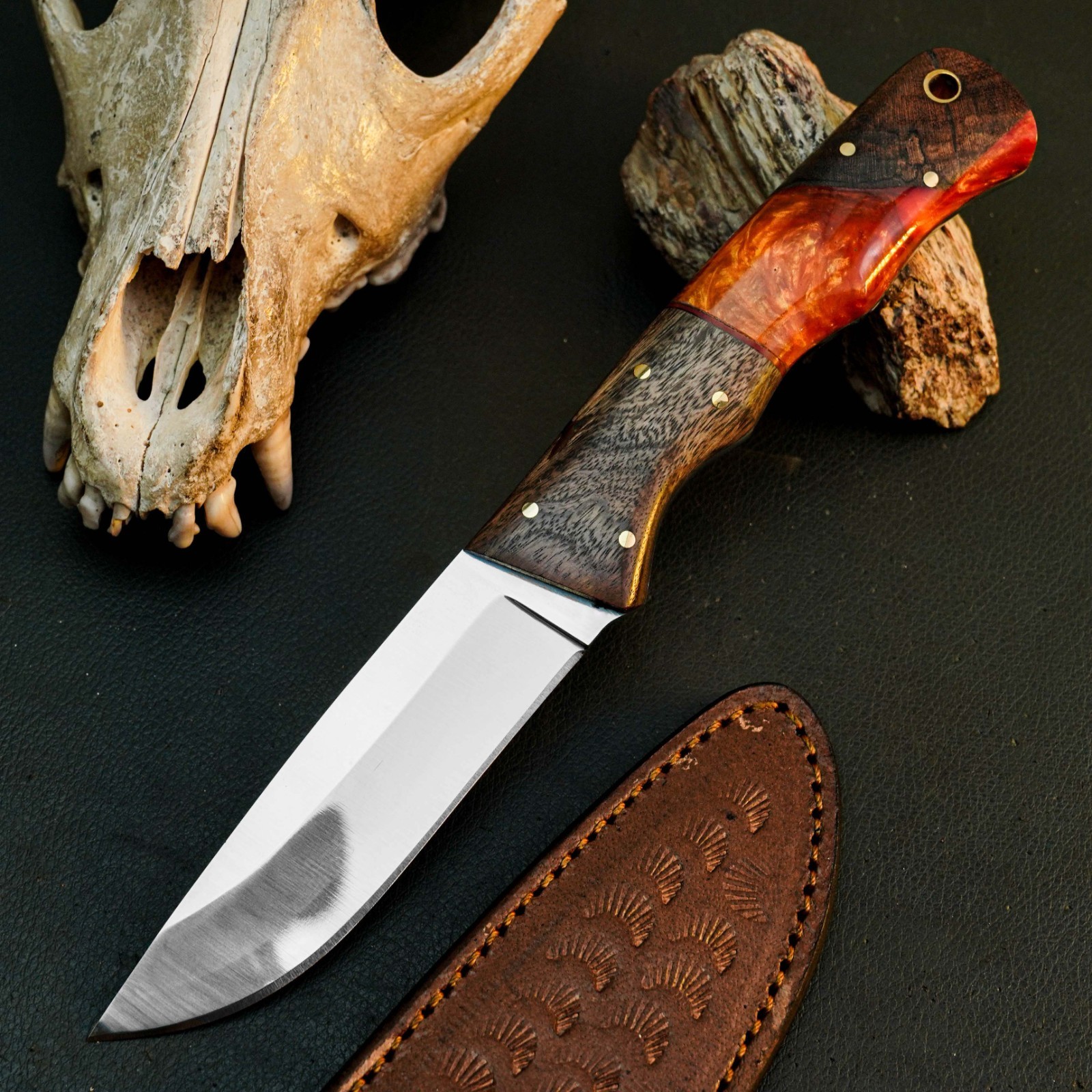 8.7″ D2 Steel Hunting Knife Full Tang Hybrid Handle Fixed Blade Leather Sheath