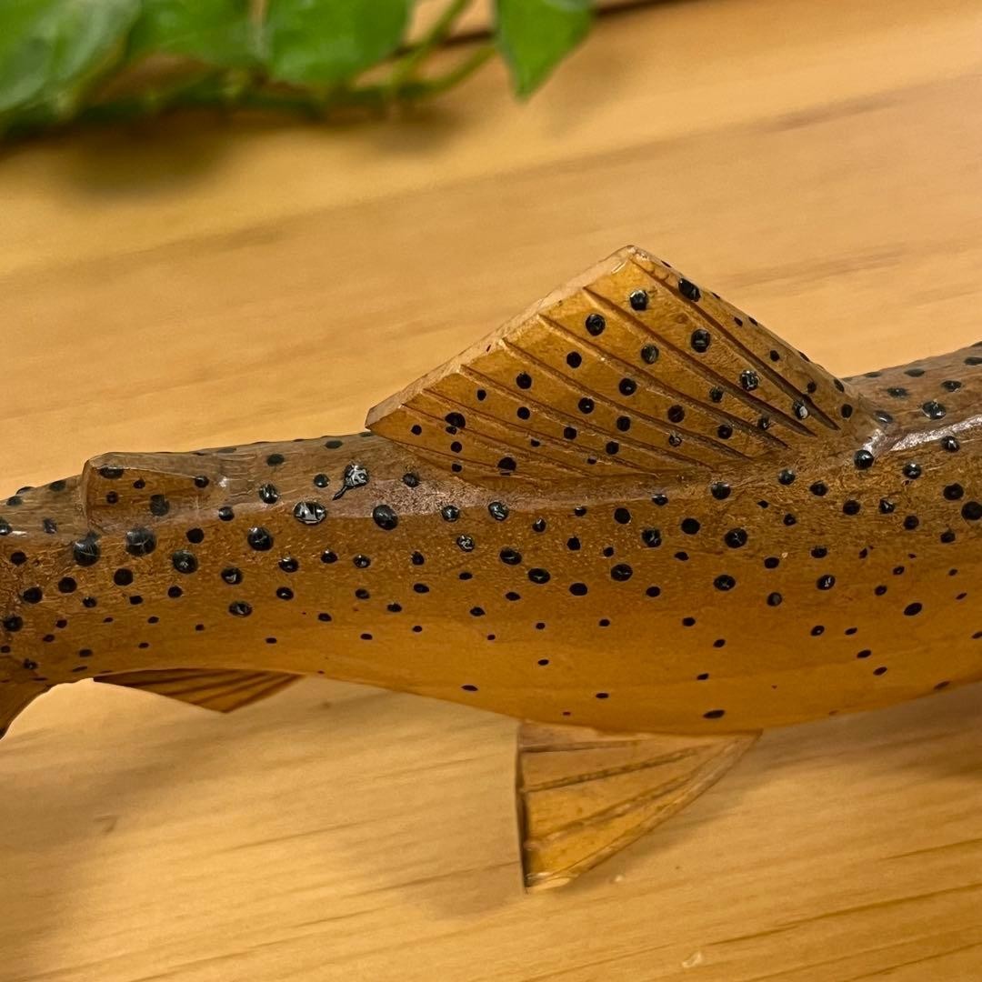 Hokkaido Ito Taimen Wood Carved Fish Sculpture Driftwood Base Japan 26cm