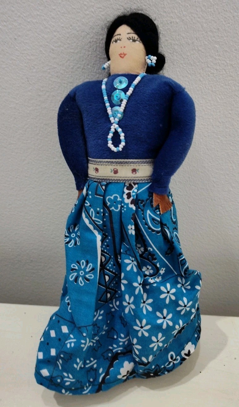 Handmade Navajo Cloth Doll Blue Top Woman 9 Inches Tall Beads