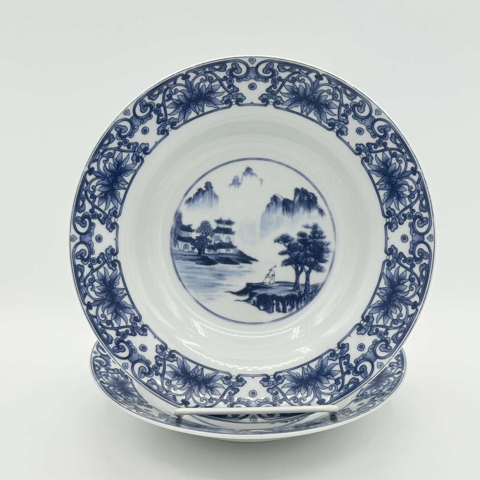 Set of Two Chinese Pagoda Canton Blue Eight Inch Soup Bowls Blue And White
