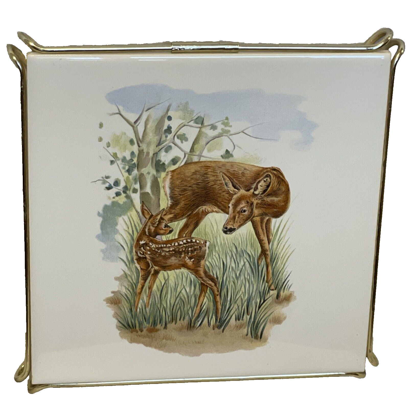 Ceramic Trivet from Germany featuring Doe and Fawn Deer Mother and Baby Vintage