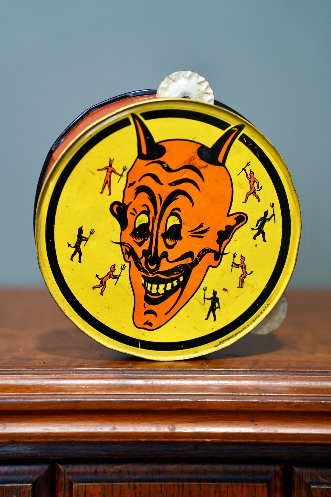 Vintage Halloween Devil Tambourine by Kirchhof USA Tin Noise maker Antique toy