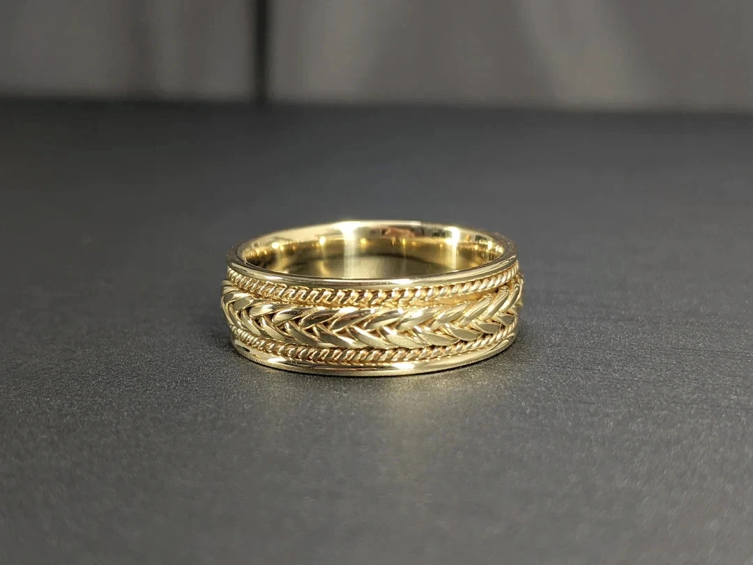 Solid 18K Yellow Gold Over 7MM Hand Braided Rope Wedding Band Rign For Mens 8-17
