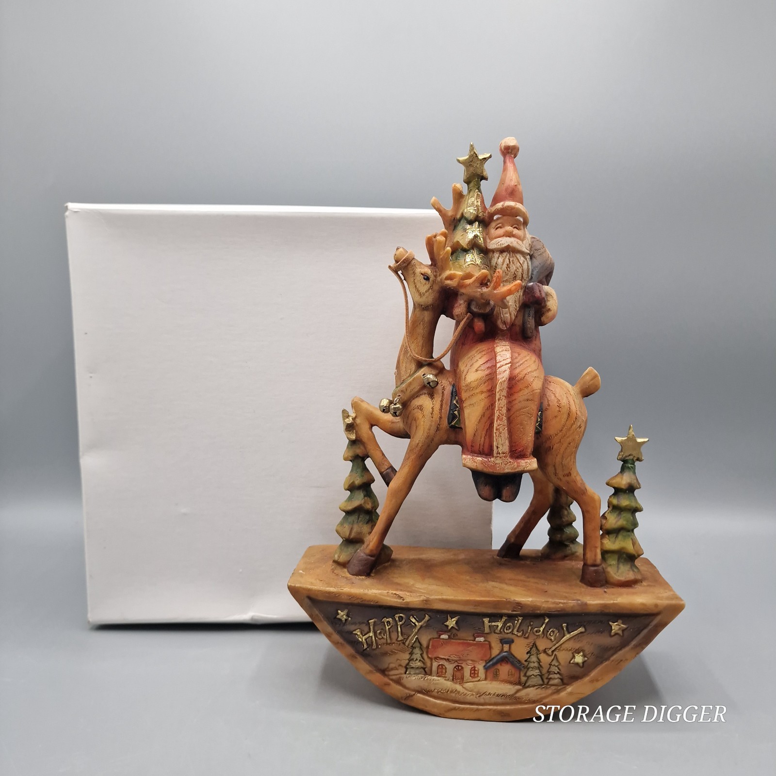 Vintage RR Roman Happy Holiday Rocking Santa on Deer Resin Figurine Brown