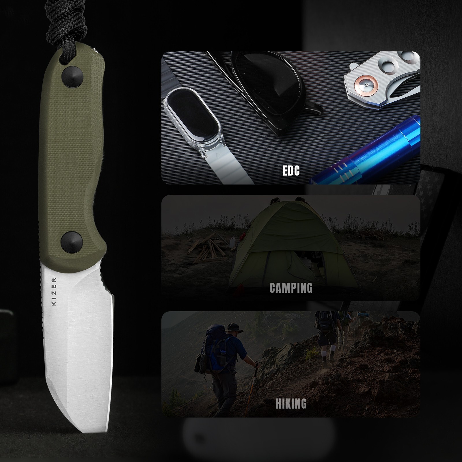 Kizer Drop Bear Clip Point Fixed Knife AEB-L Blade Green G10 Handle+Sheath