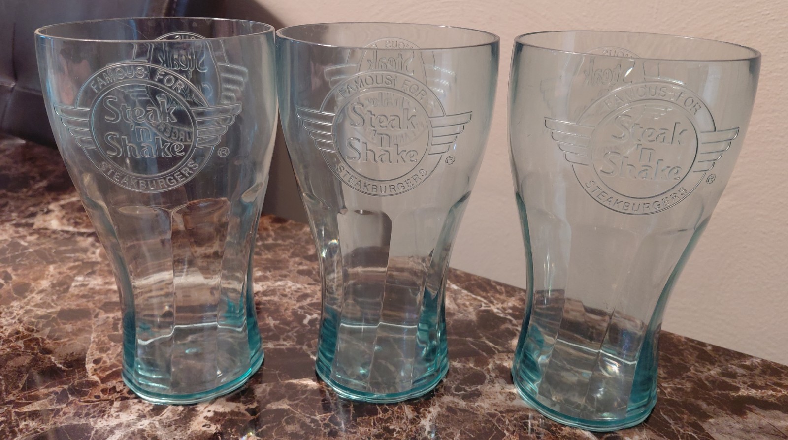 Lot of 3 Plastic Steak N Shake 11oz Clear Blue Tumblers