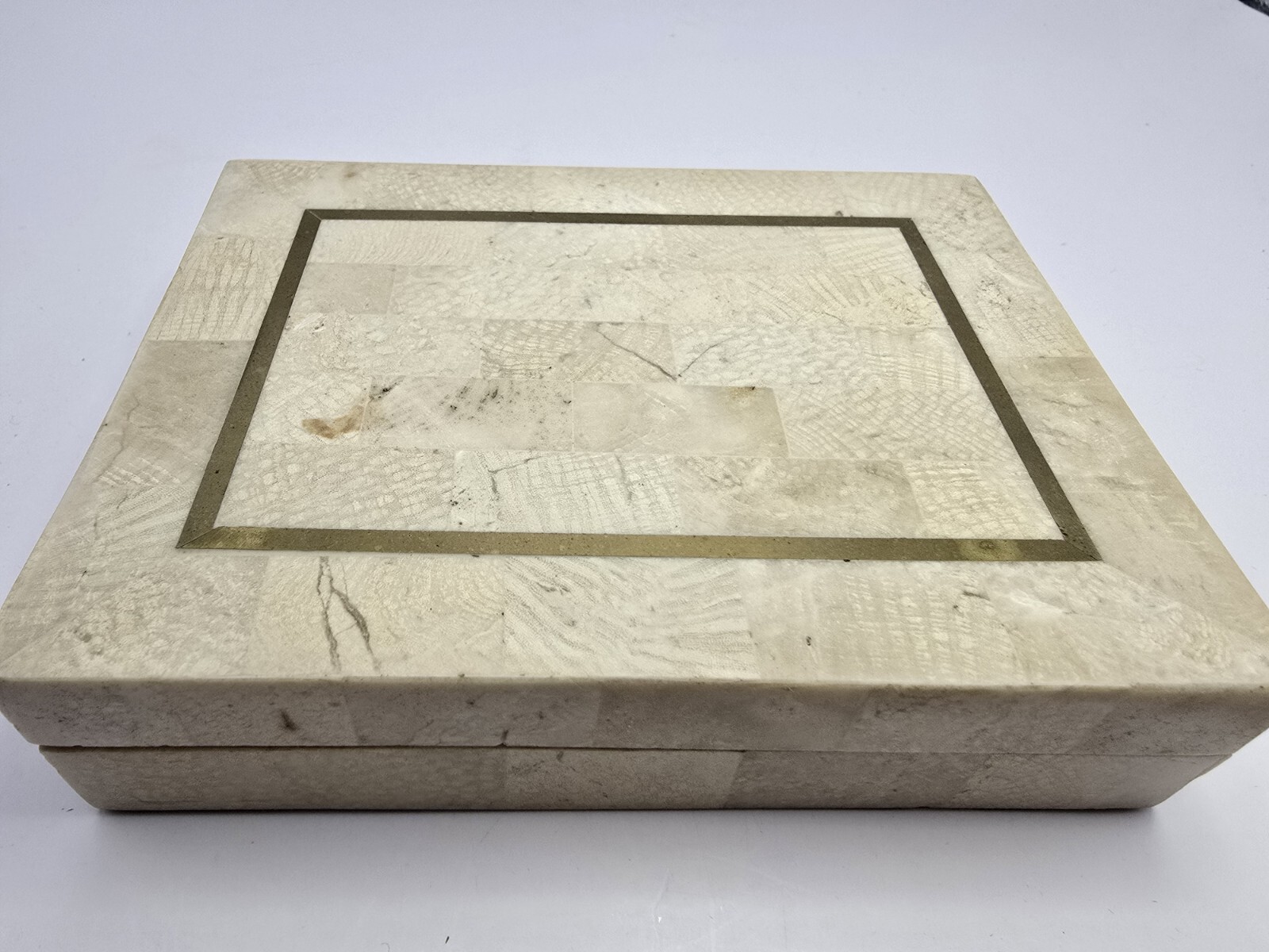 Vintage Maitland Smith Box Tessellated Marble Brass Inlay Wood Jewelry Cigarette