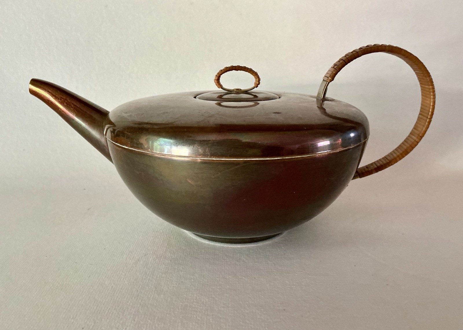 MCM Bauhaus Copper Tea Kettle w Rattan wrapped Handle Carl Aubock ? Germany