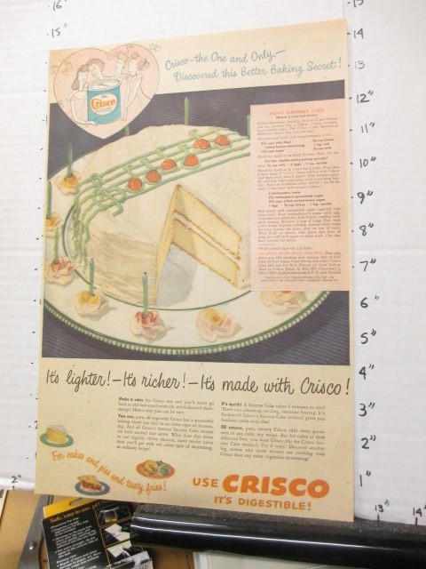 newspaper ad 1949 CRISCO vegetable shortening can birthday cake recipe