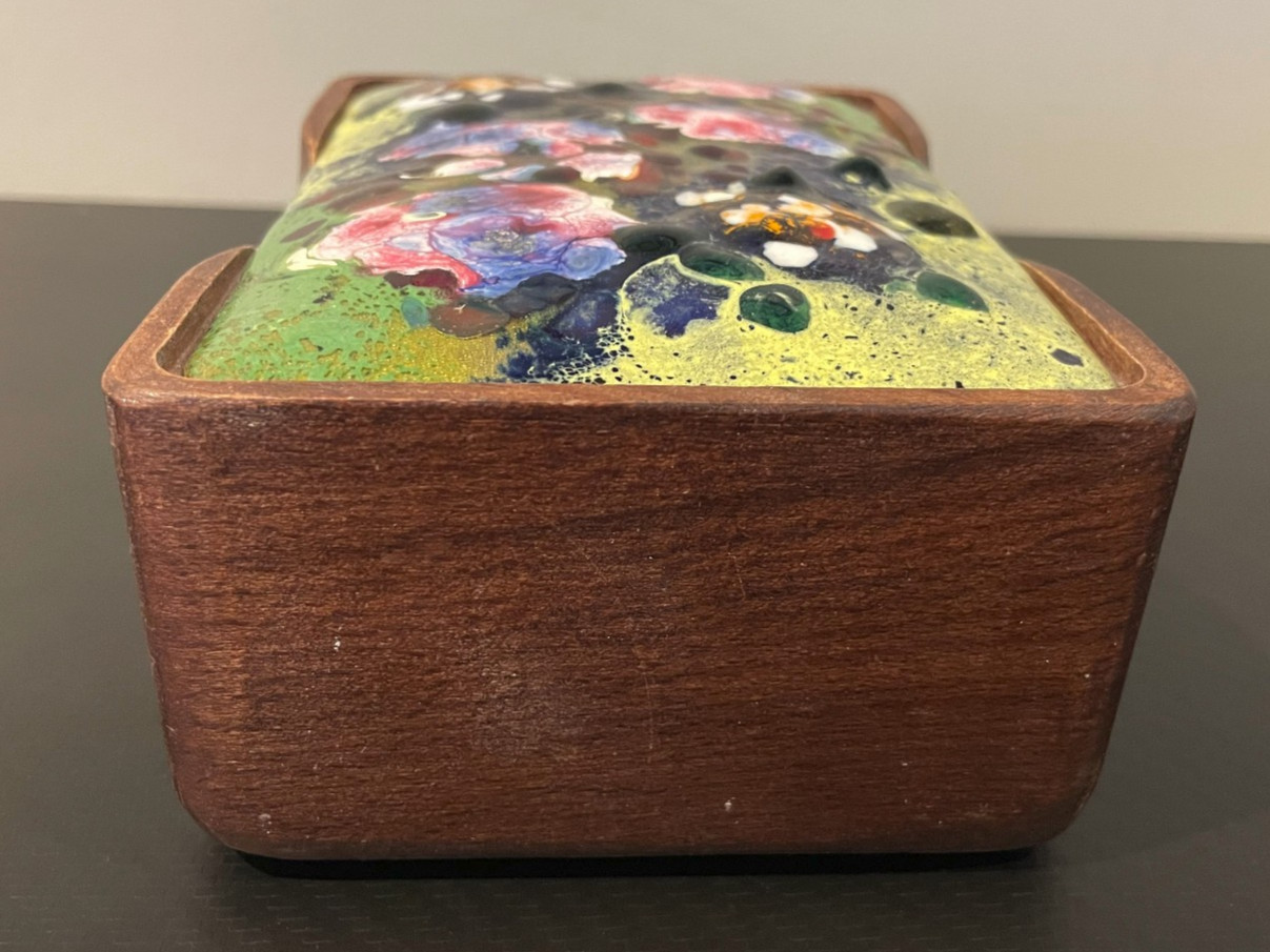 Vintage Spanish Enamel on Copper Wood Trinket Jewelry Box Made in Spain MCM