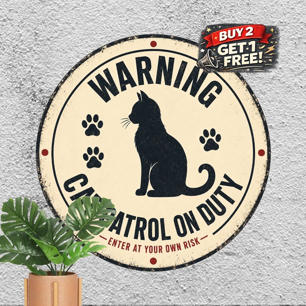 Cat Patrol Warning Sign Black Silhouette Paw Prints Humor Metal Plaque