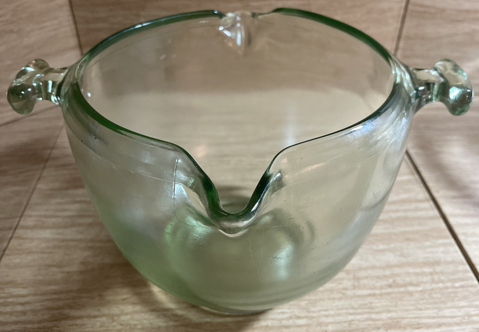 VTG Tufglas Large Mixing Bowl green Uranium glass double spout handle depression
