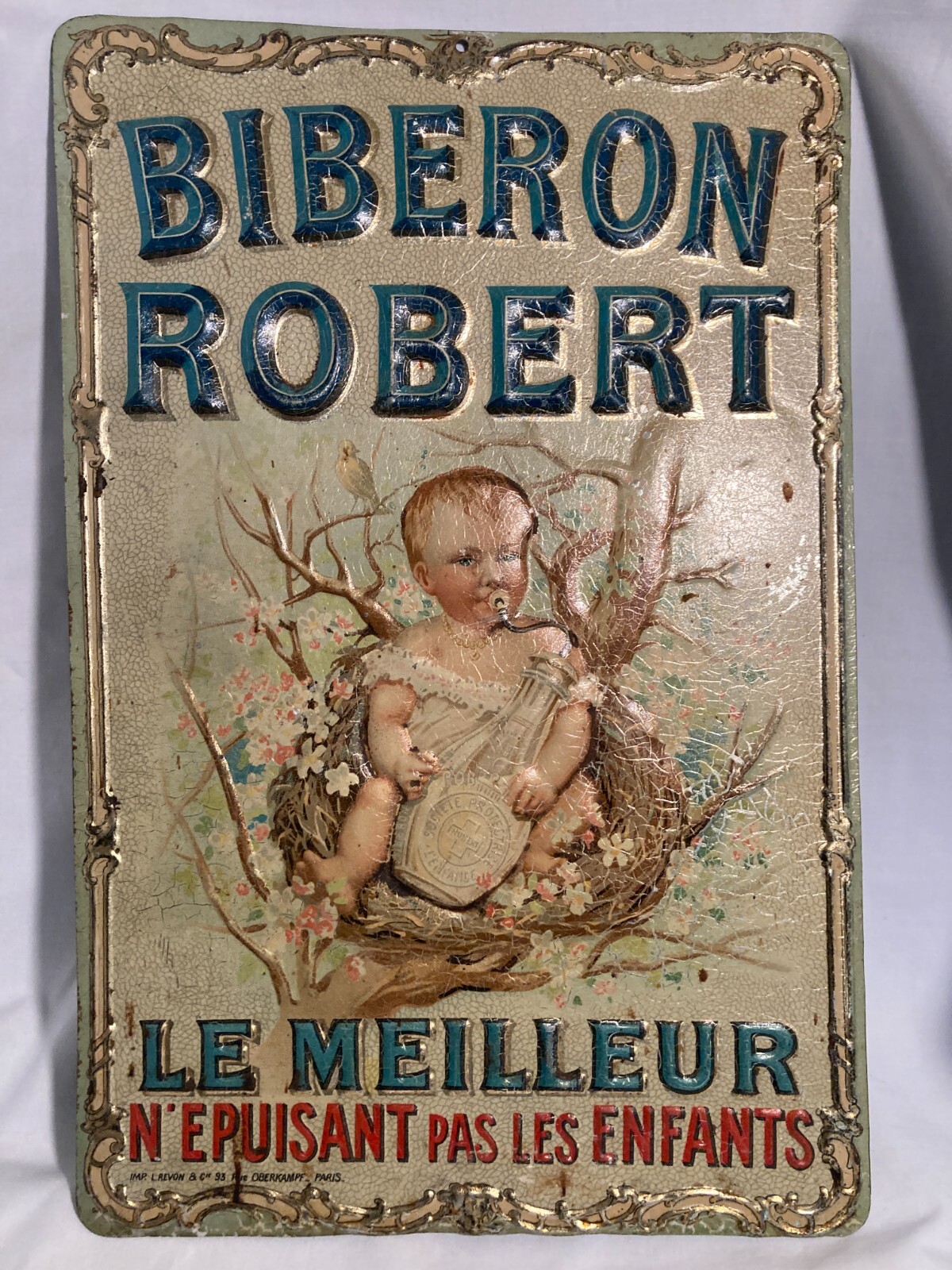c1890-1910 Biberon Robert Le Meilleur tin Litho Baby Nurser Advertising Sign