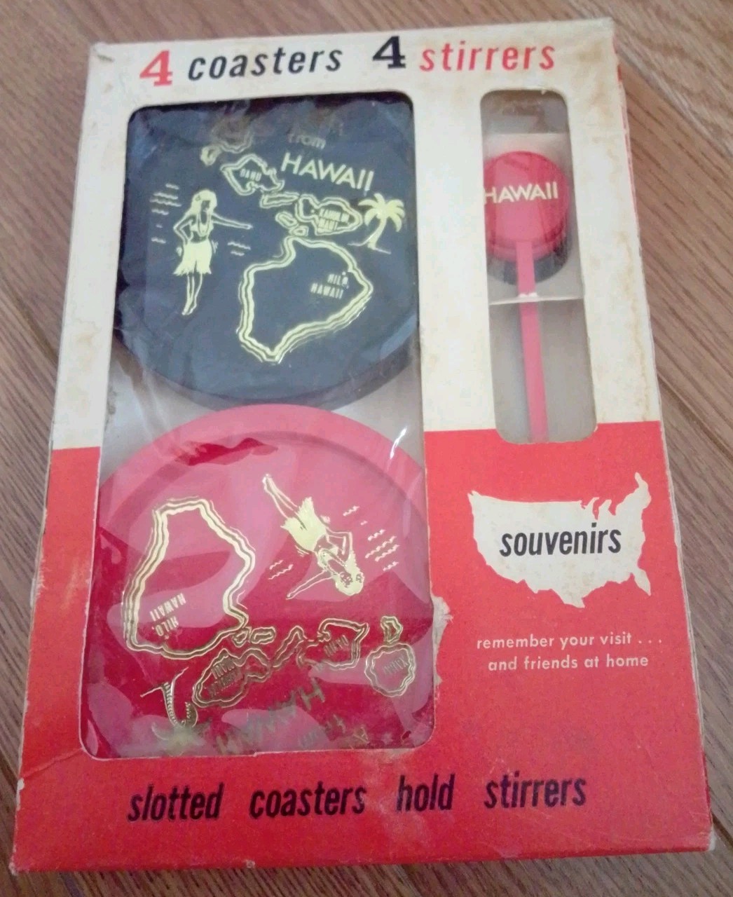 Aloha from Hawaii Souvenir Set of 4 Slotted Coasters Hold Stirrers Box VTG
