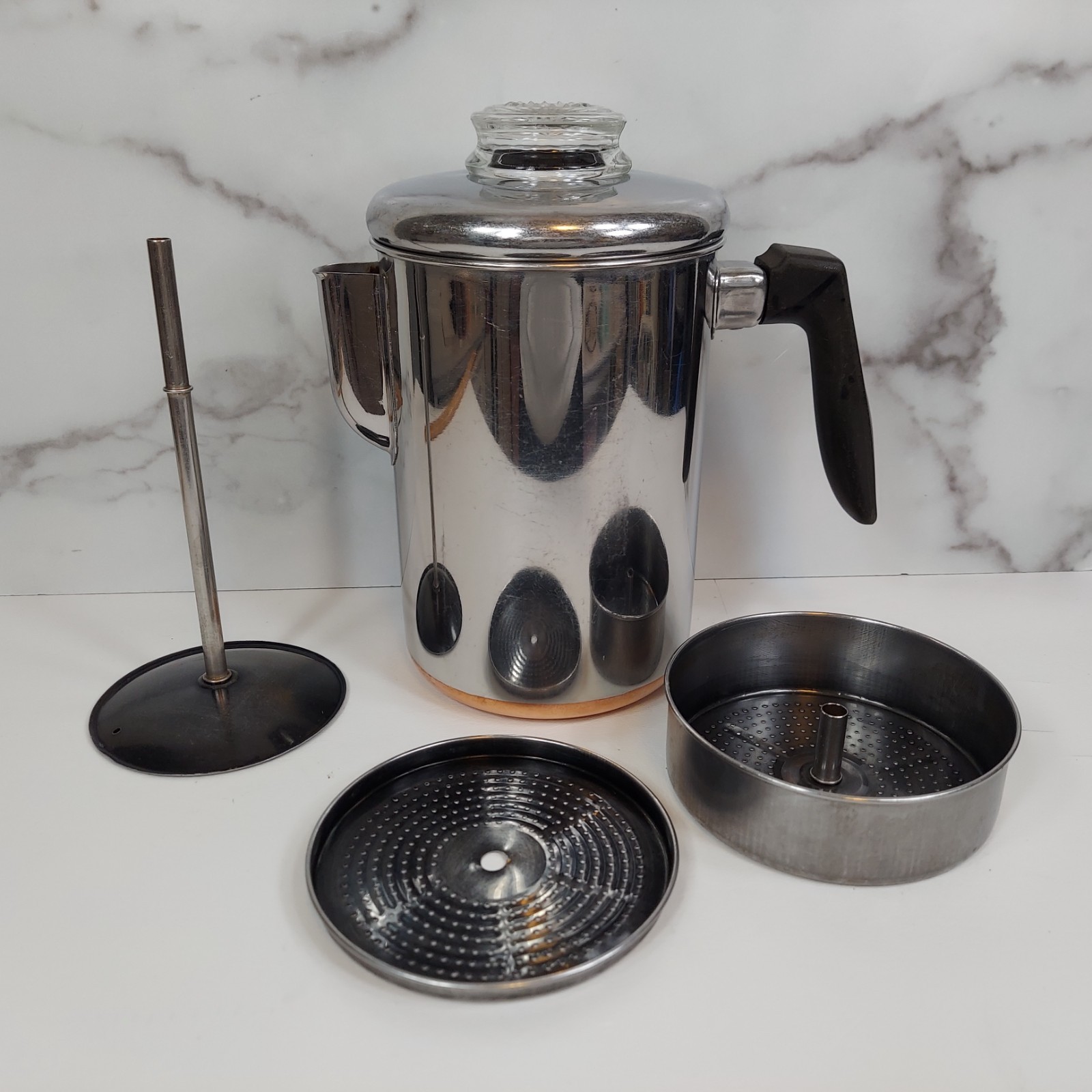 Ekcoware 456 Stainless 4-6 Cup Copper Bottom Coffee Pot Stovetop Camping VTG USA