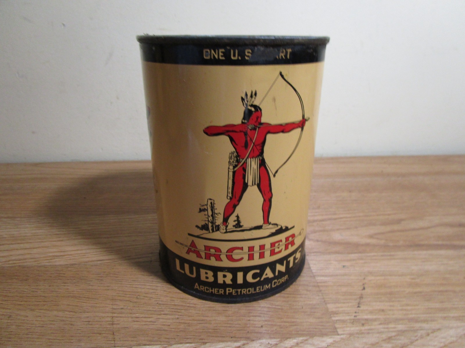 Vintage Full Archer Aviation Motor Oil Can Metal Quart Indian Plane Graphic NOS