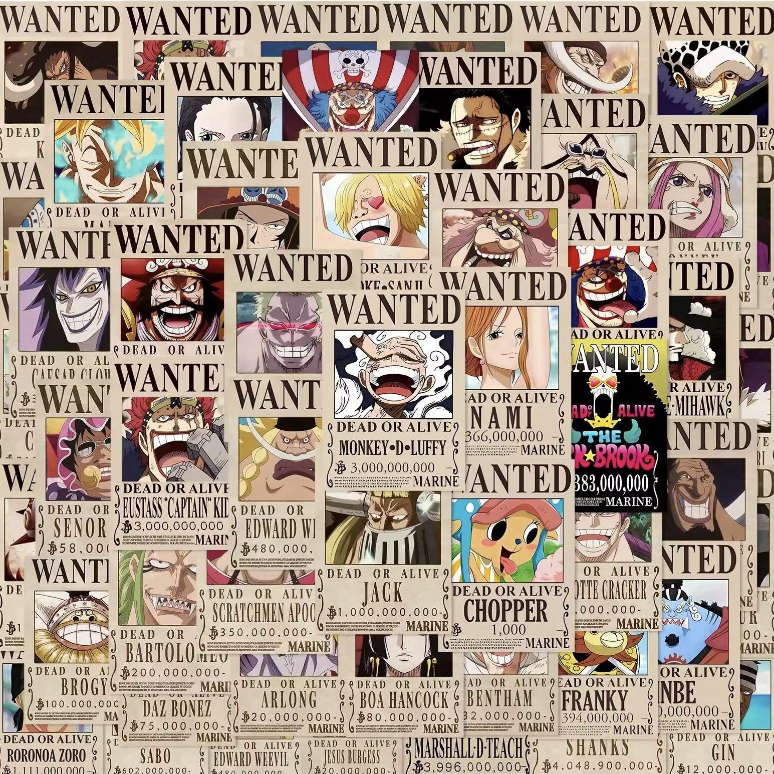 One Piece Wanted Poster Stickers – 50pcs – Anime Luffy OP – 4×6 Cm
