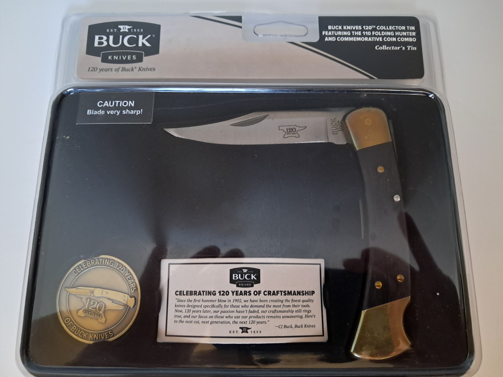 Buck Knives 110 Folding Hunter 120 Years Collectors Edition Coin & Tin Included