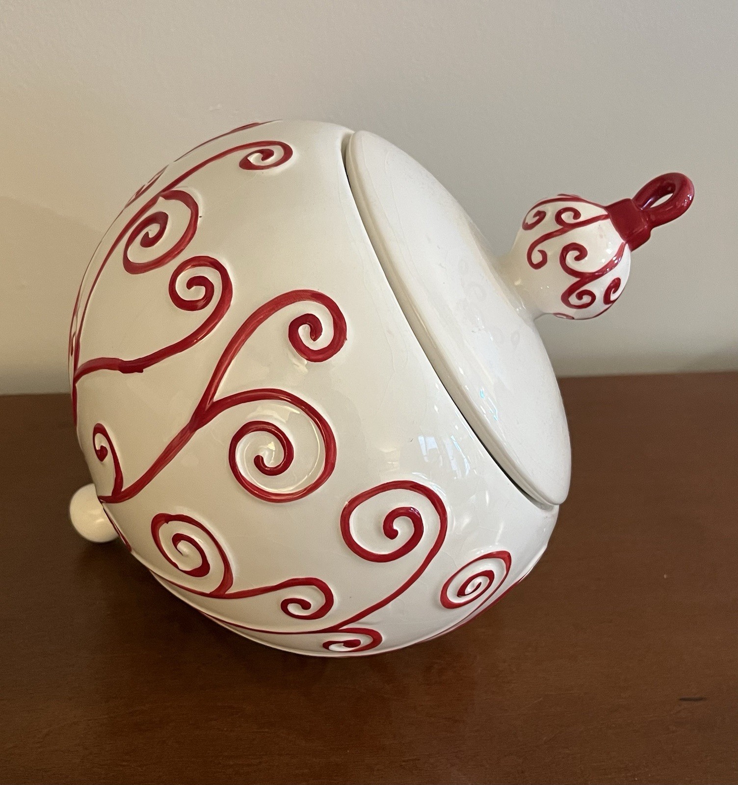Real Home Christmas Ornament Cookie Jar Red White Ceramic Earthenware Canister