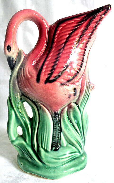 1950s Pink Flamingo Pitcher Full Body Large 9-1/2″ tall Unbranded Stunning