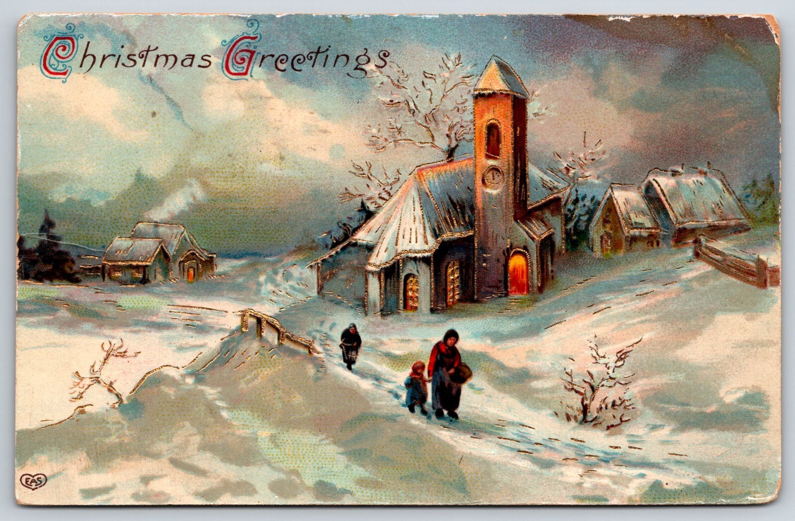 EAS~Christmas Greetings~Winter Village & Path Scene~1912 Vintage Postcard
