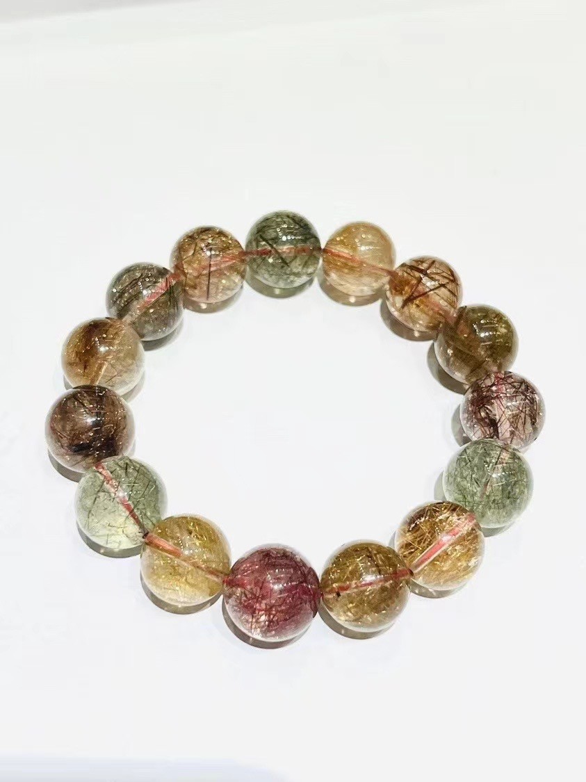 15mm Natural Colored hair crystal Healing Reiki Gemstone Stretch Bracelet