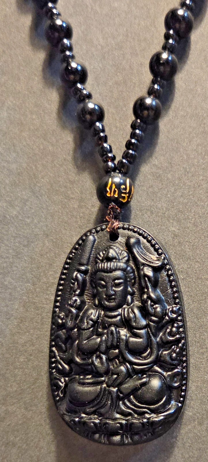 COSTUME FASHION JEWELRY “GUANYIN” BEADED NECKLACE-FAUX OBSIDEAN