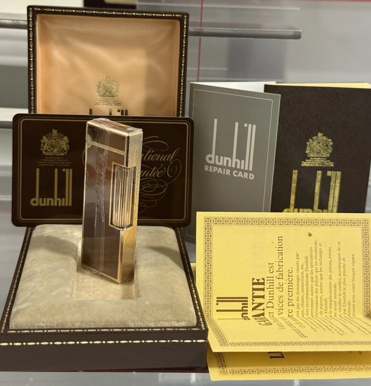Dunhill Rollagas Slim Brown Lacquer Gold Plated Lighter NOS Sealed New