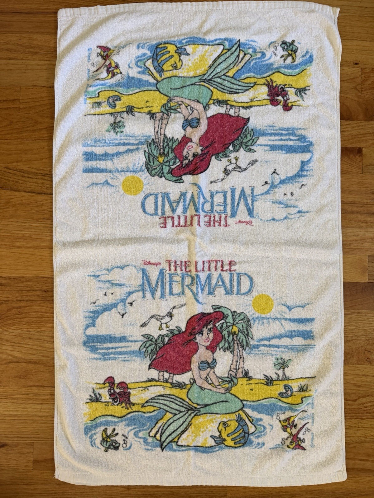 Little Mermaid Towel Ariel Sebastian Flounder Scuttle 24” x 40” Vtg Disney 1990s