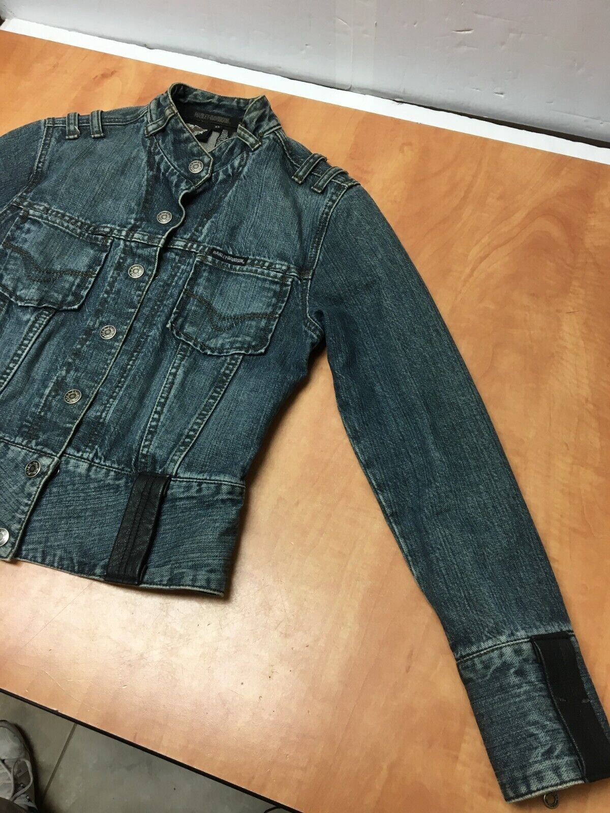 Harley Davidson Womens XS Jacket Denim Blue Jean Button Up Belt Loops