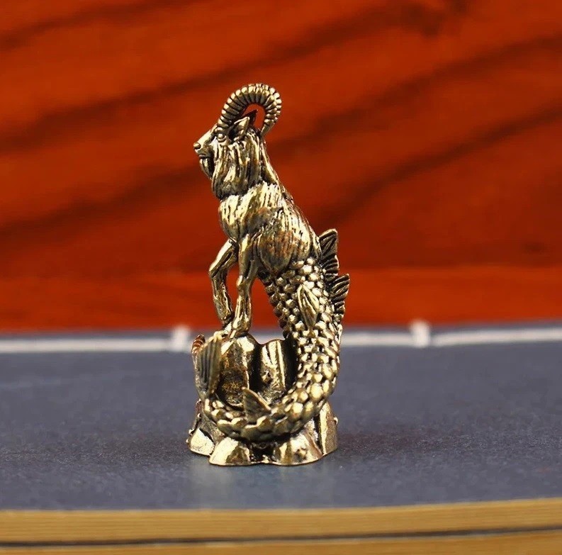 Brass Goat Body Fish Tail Animal Figurine Statue Desk Table Home Decoration Toy