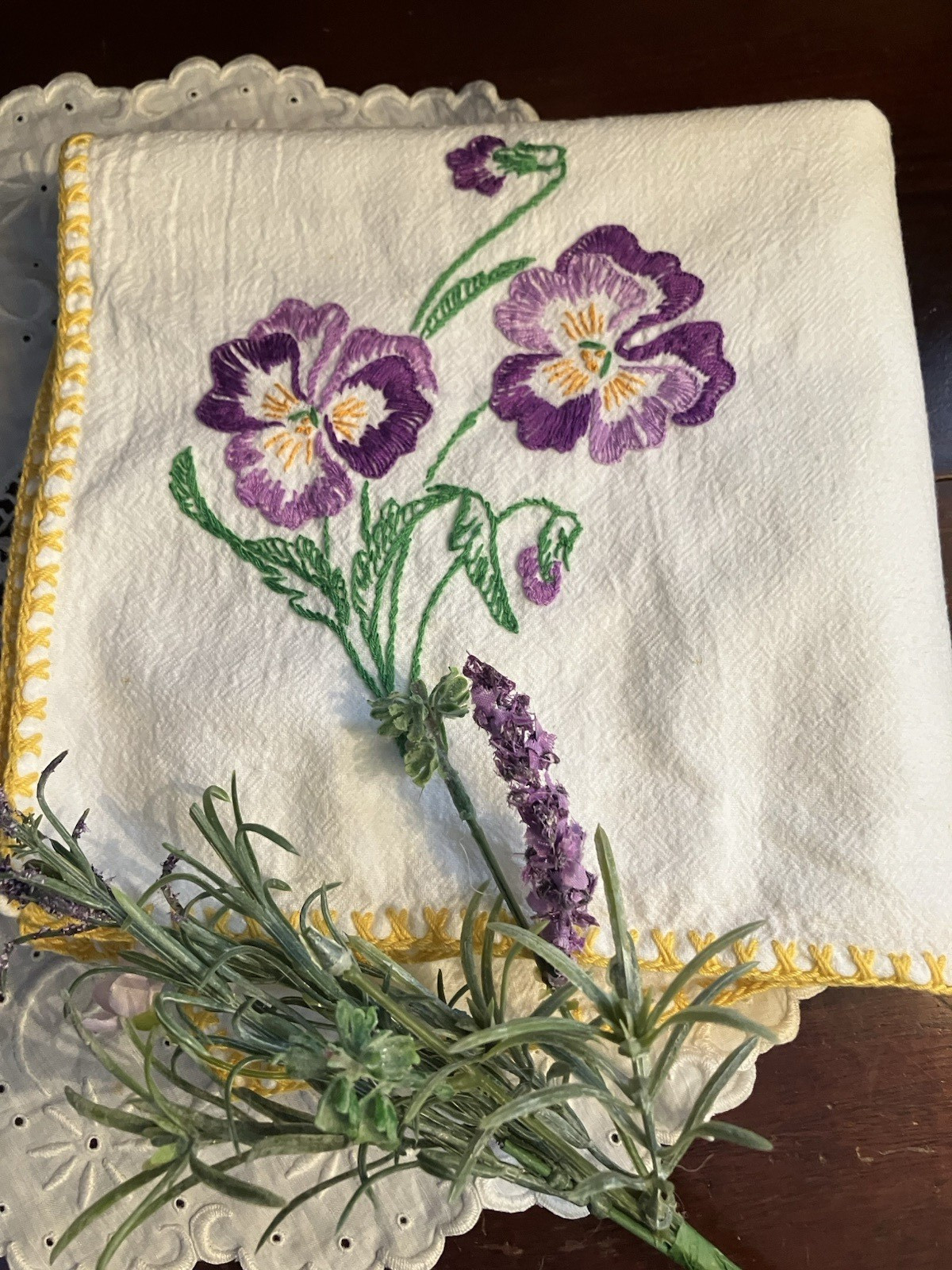 Embroidered Pansies H.M. Kitchen Dish Towel, Crochet All Edges Crocheted, Floral