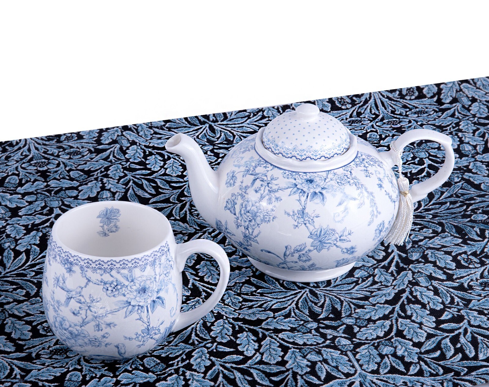 William Morris Blue Oak Leaves Tapestry Table Runner 59×18″ Embroidered Runner