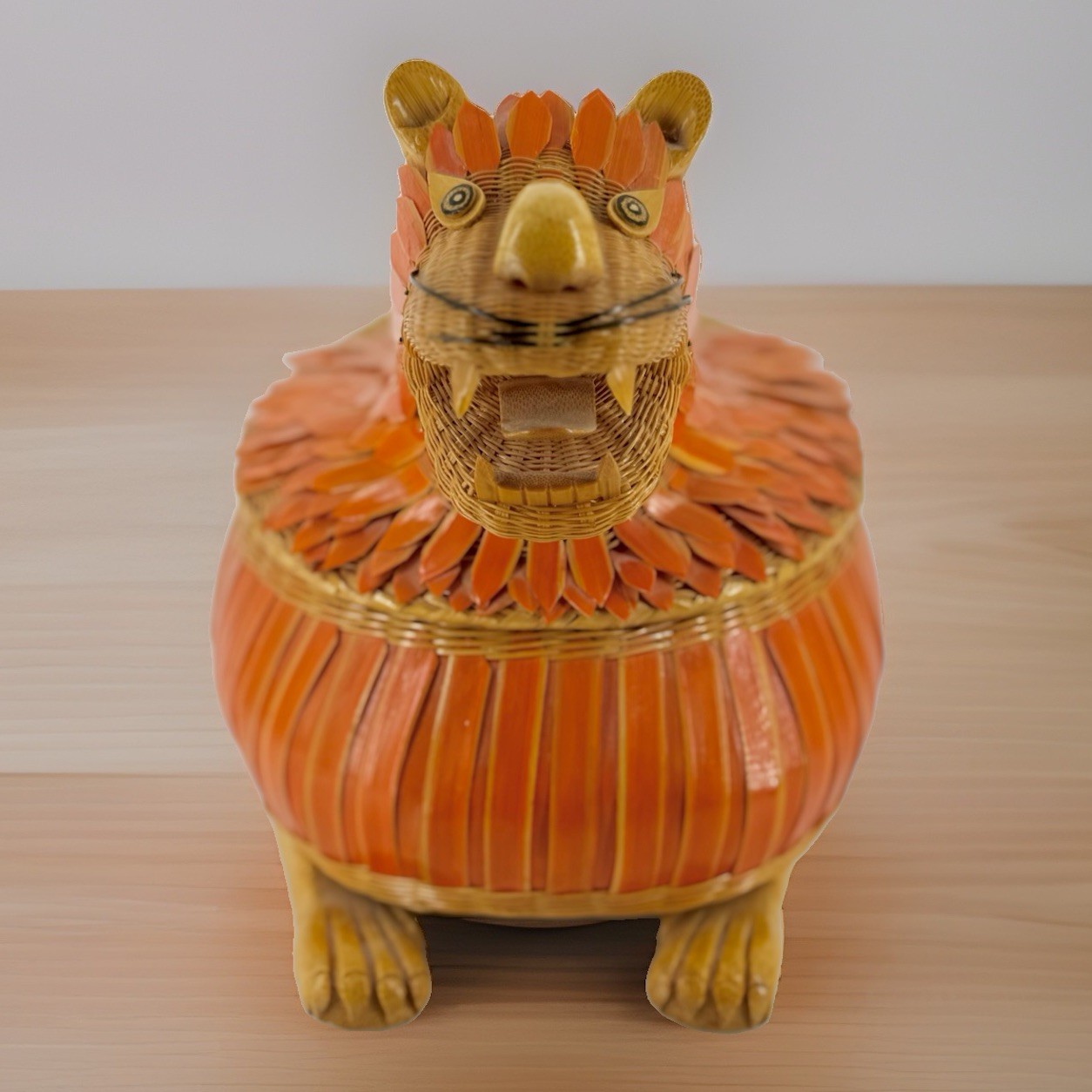 VTG 1960s Woven Rattan Wicker Tiger Cat Lion Shaped Covered Basket Box Boho, 9”
